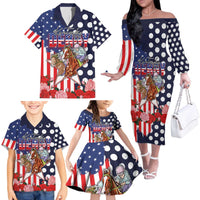 Kentucky Horses Racing Family Matching Off The Shoulder Long Sleeve Dress and Hawaiian Shirt US Flag Grunge and Dot Pattern Blue Color