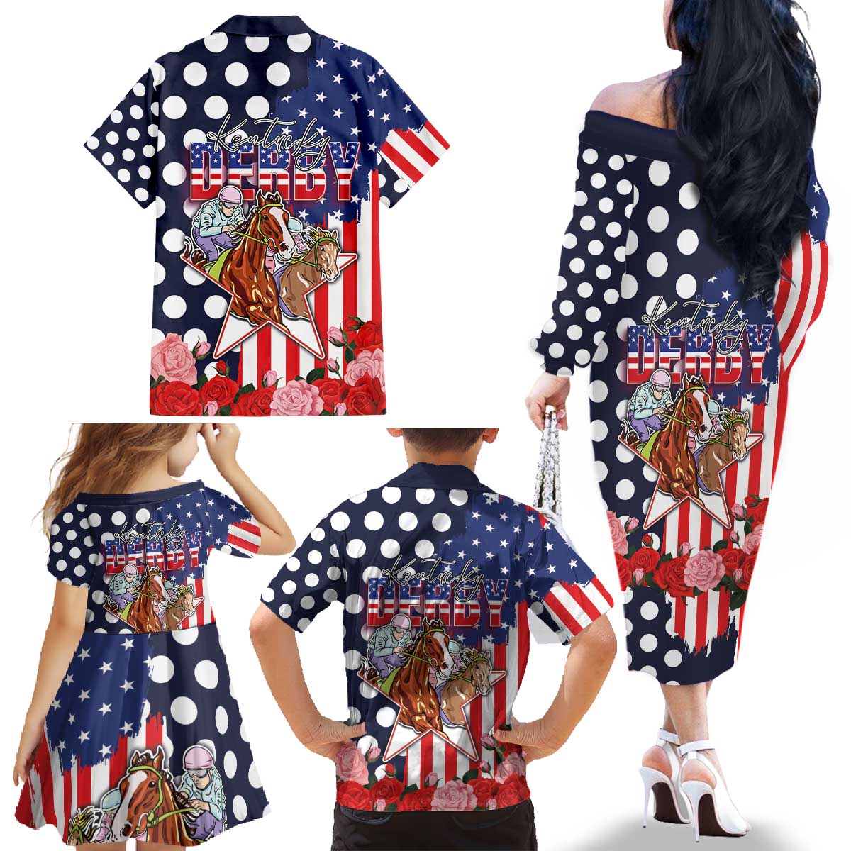 Kentucky Horses Racing Family Matching Off The Shoulder Long Sleeve Dress and Hawaiian Shirt US Flag Grunge and Dot Pattern Blue Color