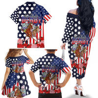 Kentucky Horses Racing Family Matching Off The Shoulder Long Sleeve Dress and Hawaiian Shirt US Flag Grunge and Dot Pattern Blue Color