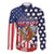 Kentucky Horses Racing Family Matching Off The Shoulder Long Sleeve Dress and Hawaiian Shirt US Flag Grunge and Dot Pattern Blue Color