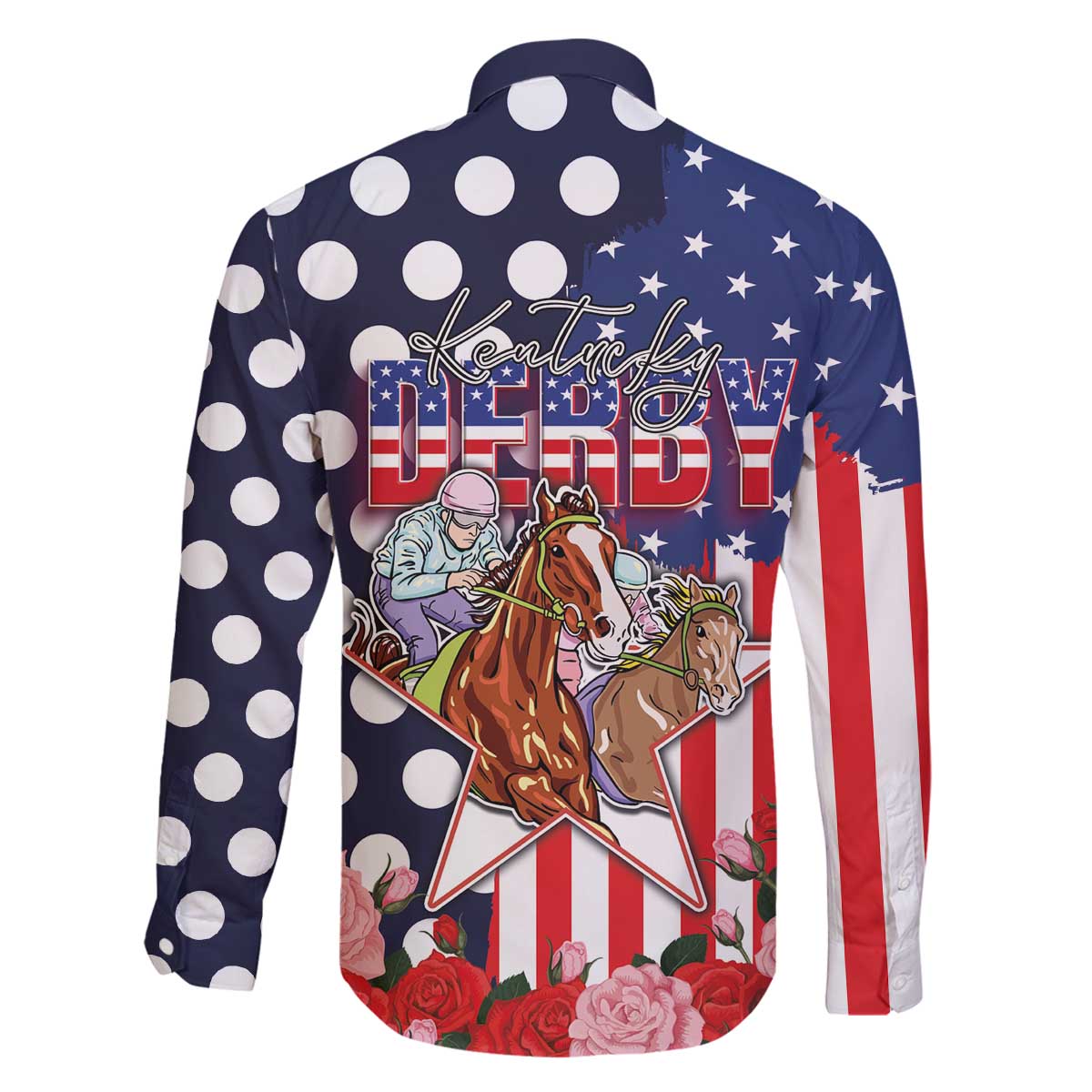 Kentucky Horses Racing Family Matching Off The Shoulder Long Sleeve Dress and Hawaiian Shirt US Flag Grunge and Dot Pattern Blue Color