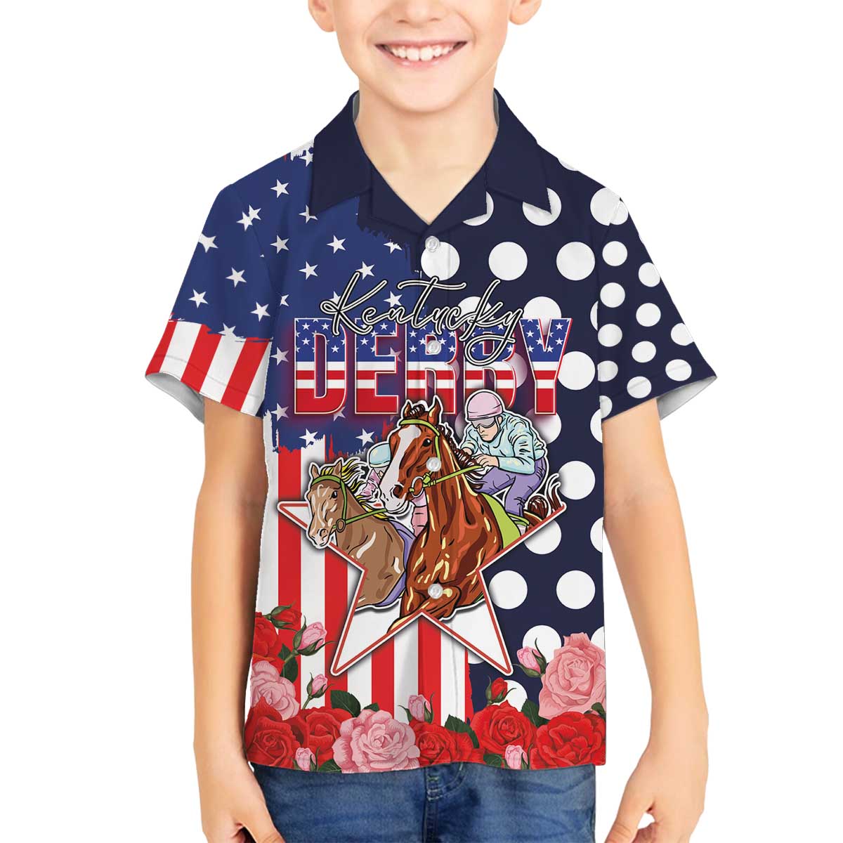Kentucky Horses Racing Family Matching Off The Shoulder Long Sleeve Dress and Hawaiian Shirt US Flag Grunge and Dot Pattern Blue Color