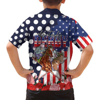Kentucky Horses Racing Family Matching Off Shoulder Maxi Dress and Hawaiian Shirt US Flag Grunge and Dot Pattern Blue Color