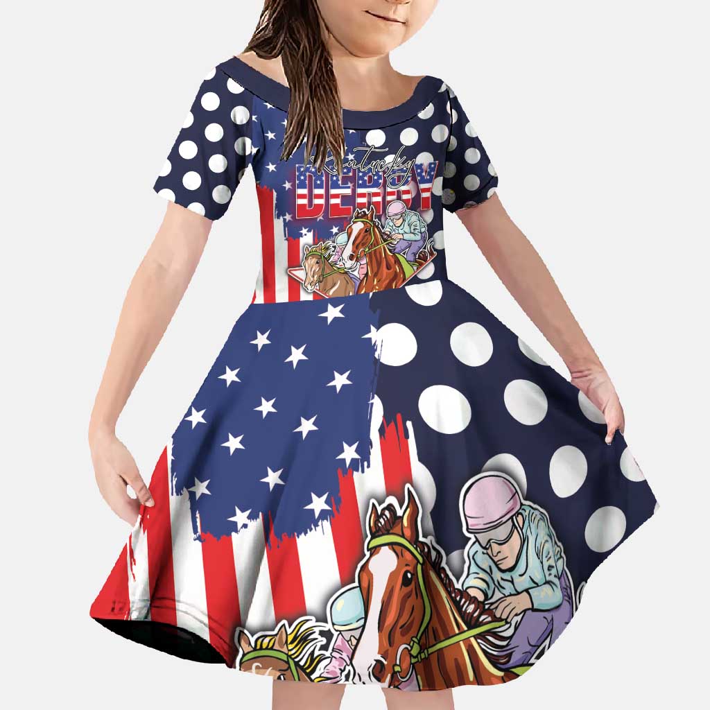 Kentucky Horses Racing Family Matching Off Shoulder Maxi Dress and Hawaiian Shirt US Flag Grunge and Dot Pattern Blue Color