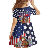 Kentucky Horses Racing Family Matching Off Shoulder Maxi Dress and Hawaiian Shirt US Flag Grunge and Dot Pattern Blue Color
