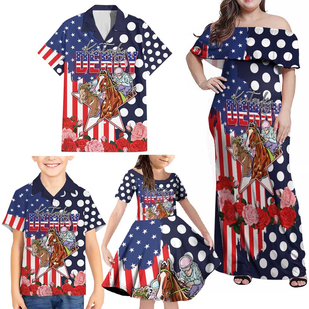 Kentucky Horses Racing Family Matching Off Shoulder Maxi Dress and Hawaiian Shirt US Flag Grunge and Dot Pattern Blue Color