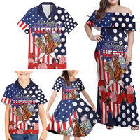 Kentucky Horses Racing Family Matching Off Shoulder Maxi Dress and Hawaiian Shirt US Flag Grunge and Dot Pattern Blue Color