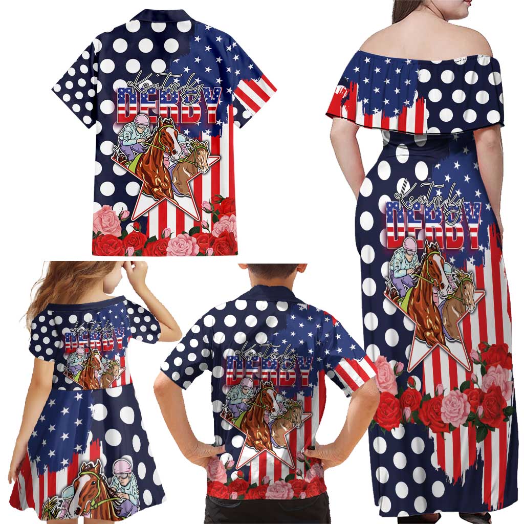 Kentucky Horses Racing Family Matching Off Shoulder Maxi Dress and Hawaiian Shirt US Flag Grunge and Dot Pattern Blue Color