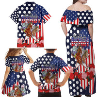 Kentucky Horses Racing Family Matching Off Shoulder Maxi Dress and Hawaiian Shirt US Flag Grunge and Dot Pattern Blue Color