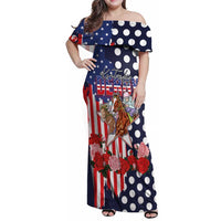 Kentucky Horses Racing Family Matching Off Shoulder Maxi Dress and Hawaiian Shirt US Flag Grunge and Dot Pattern Blue Color