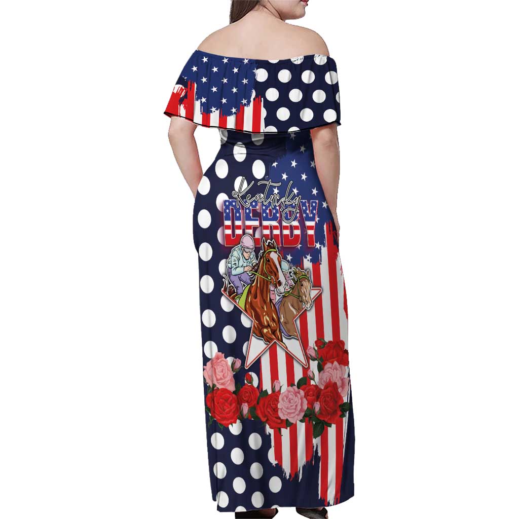 Kentucky Horses Racing Family Matching Off Shoulder Maxi Dress and Hawaiian Shirt US Flag Grunge and Dot Pattern Blue Color