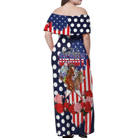 Kentucky Horses Racing Family Matching Off Shoulder Maxi Dress and Hawaiian Shirt US Flag Grunge and Dot Pattern Blue Color