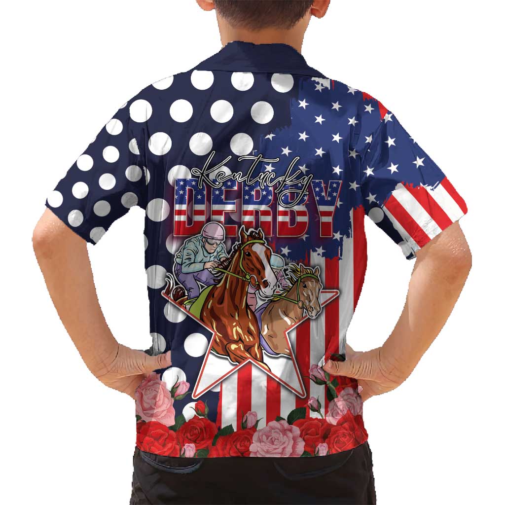 Kentucky Horses Racing Family Matching Off Shoulder Short Dress and Hawaiian Shirt US Flag Grunge and Dot Pattern Blue Color
