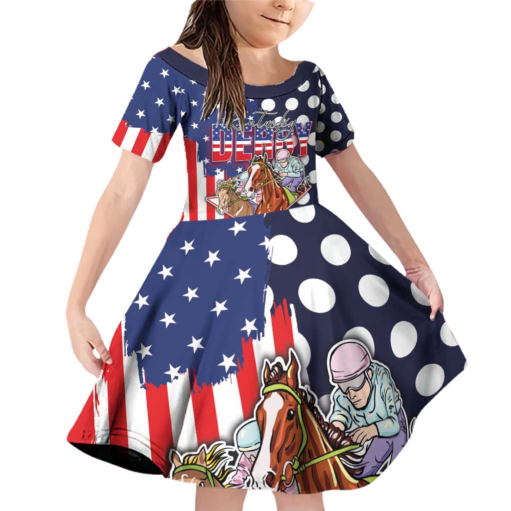 Kentucky Horses Racing Family Matching Off Shoulder Short Dress and Hawaiian Shirt US Flag Grunge and Dot Pattern Blue Color