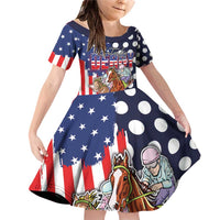 Kentucky Horses Racing Family Matching Off Shoulder Short Dress and Hawaiian Shirt US Flag Grunge and Dot Pattern Blue Color