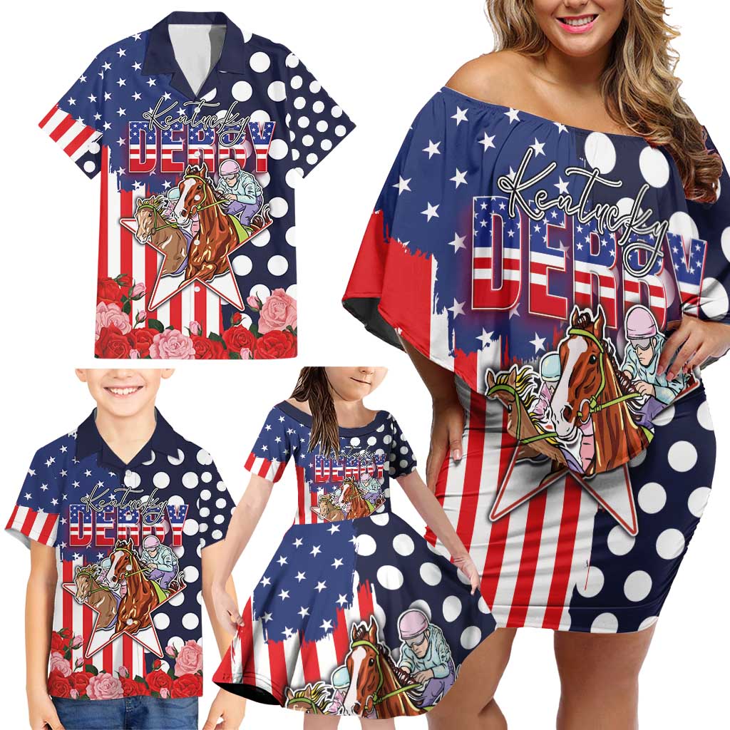 Kentucky Horses Racing Family Matching Off Shoulder Short Dress and Hawaiian Shirt US Flag Grunge and Dot Pattern Blue Color