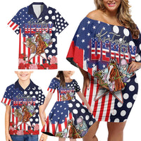 Kentucky Horses Racing Family Matching Off Shoulder Short Dress and Hawaiian Shirt US Flag Grunge and Dot Pattern Blue Color
