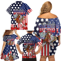 Kentucky Horses Racing Family Matching Off Shoulder Short Dress and Hawaiian Shirt US Flag Grunge and Dot Pattern Blue Color