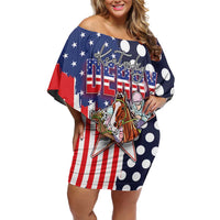 Kentucky Horses Racing Family Matching Off Shoulder Short Dress and Hawaiian Shirt US Flag Grunge and Dot Pattern Blue Color