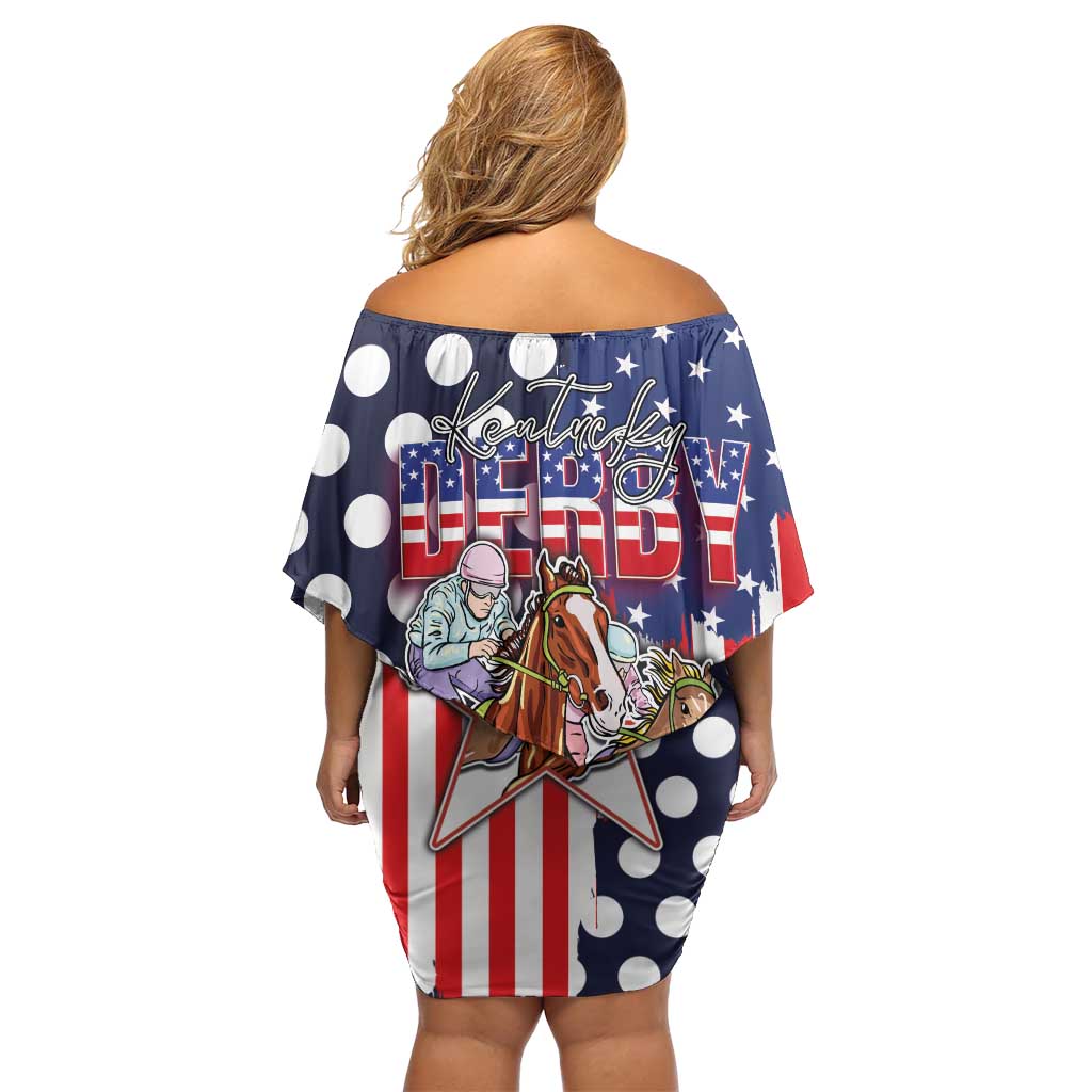 Kentucky Horses Racing Family Matching Off Shoulder Short Dress and Hawaiian Shirt US Flag Grunge and Dot Pattern Blue Color