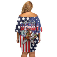 Kentucky Horses Racing Family Matching Off Shoulder Short Dress and Hawaiian Shirt US Flag Grunge and Dot Pattern Blue Color