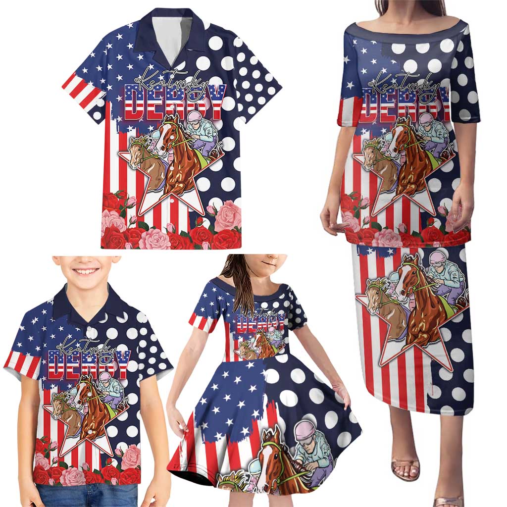 Kentucky Horses Racing Family Matching Puletasi and Hawaiian Shirt US Flag Grunge and Dot Pattern Blue Color