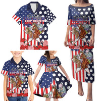 Kentucky Horses Racing Family Matching Puletasi and Hawaiian Shirt US Flag Grunge and Dot Pattern Blue Color