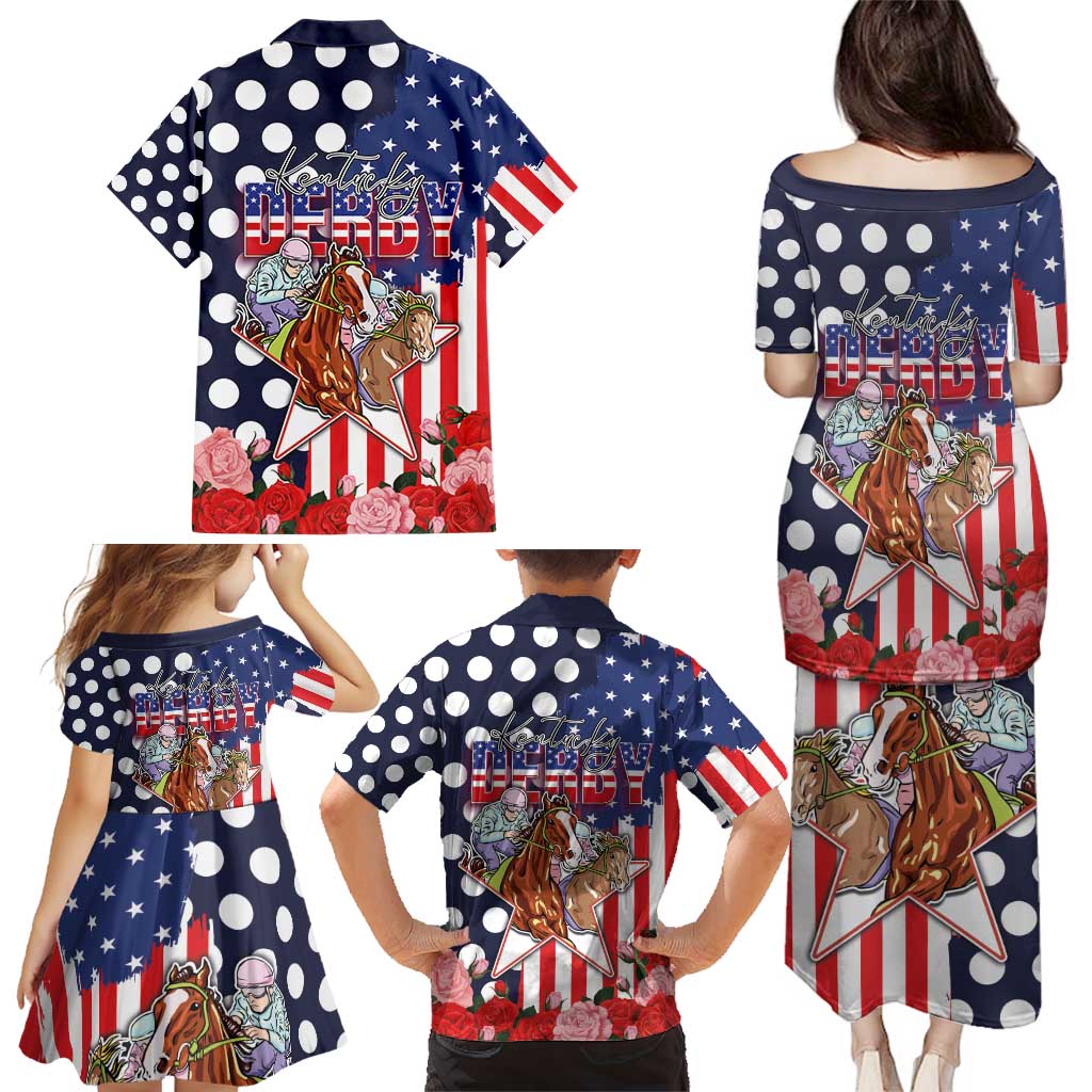 Kentucky Horses Racing Family Matching Puletasi and Hawaiian Shirt US Flag Grunge and Dot Pattern Blue Color