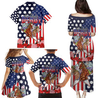 Kentucky Horses Racing Family Matching Puletasi and Hawaiian Shirt US Flag Grunge and Dot Pattern Blue Color