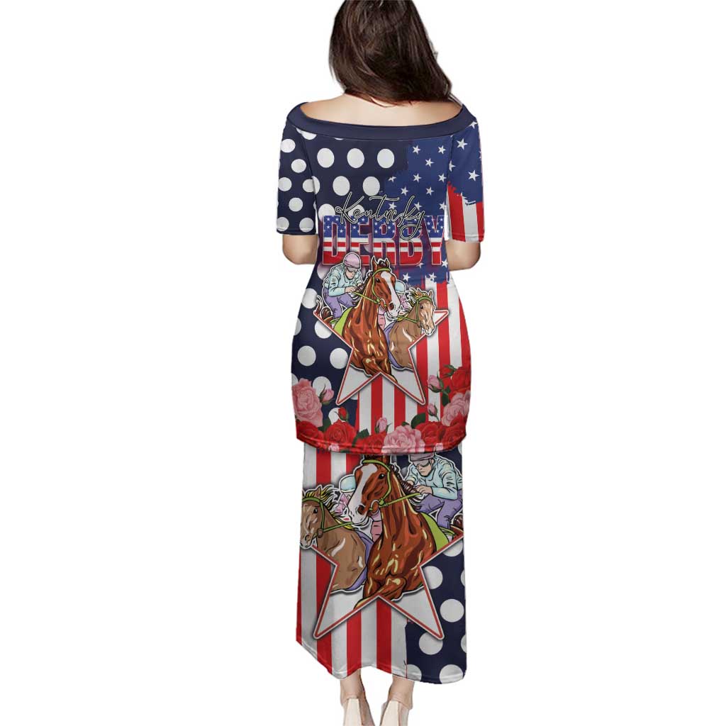 Kentucky Horses Racing Family Matching Puletasi and Hawaiian Shirt US Flag Grunge and Dot Pattern Blue Color