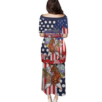 Kentucky Horses Racing Family Matching Puletasi and Hawaiian Shirt US Flag Grunge and Dot Pattern Blue Color