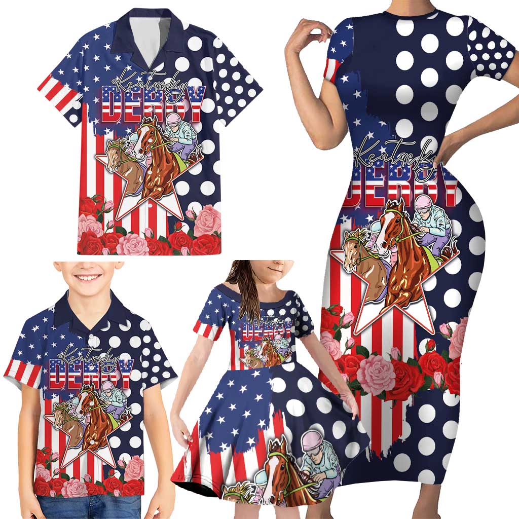 Kentucky Horses Racing Family Matching Short Sleeve Bodycon Dress and Hawaiian Shirt US Flag Grunge and Dot Pattern Blue Color