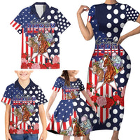 Kentucky Horses Racing Family Matching Short Sleeve Bodycon Dress and Hawaiian Shirt US Flag Grunge and Dot Pattern Blue Color