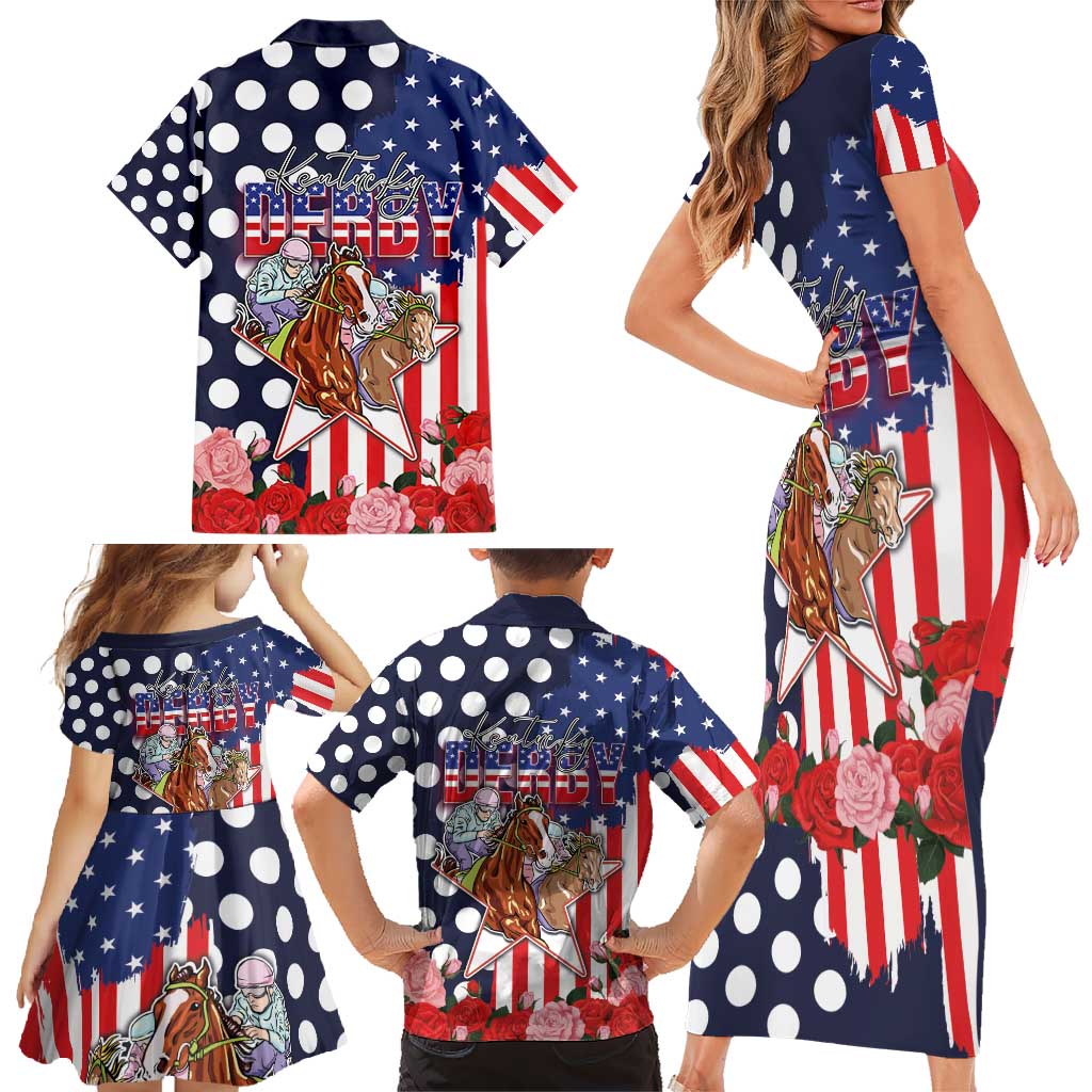 Kentucky Horses Racing Family Matching Short Sleeve Bodycon Dress and Hawaiian Shirt US Flag Grunge and Dot Pattern Blue Color