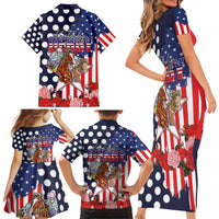 Kentucky Horses Racing Family Matching Short Sleeve Bodycon Dress and Hawaiian Shirt US Flag Grunge and Dot Pattern Blue Color