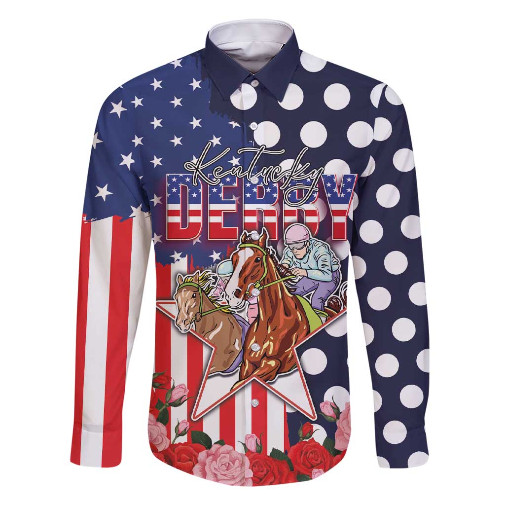 Kentucky Horses Racing Family Matching Short Sleeve Bodycon Dress and Hawaiian Shirt US Flag Grunge and Dot Pattern Blue Color