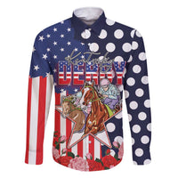 Kentucky Horses Racing Family Matching Short Sleeve Bodycon Dress and Hawaiian Shirt US Flag Grunge and Dot Pattern Blue Color