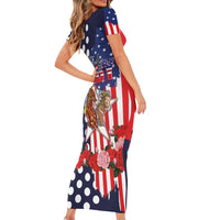 Kentucky Horses Racing Family Matching Short Sleeve Bodycon Dress and Hawaiian Shirt US Flag Grunge and Dot Pattern Blue Color