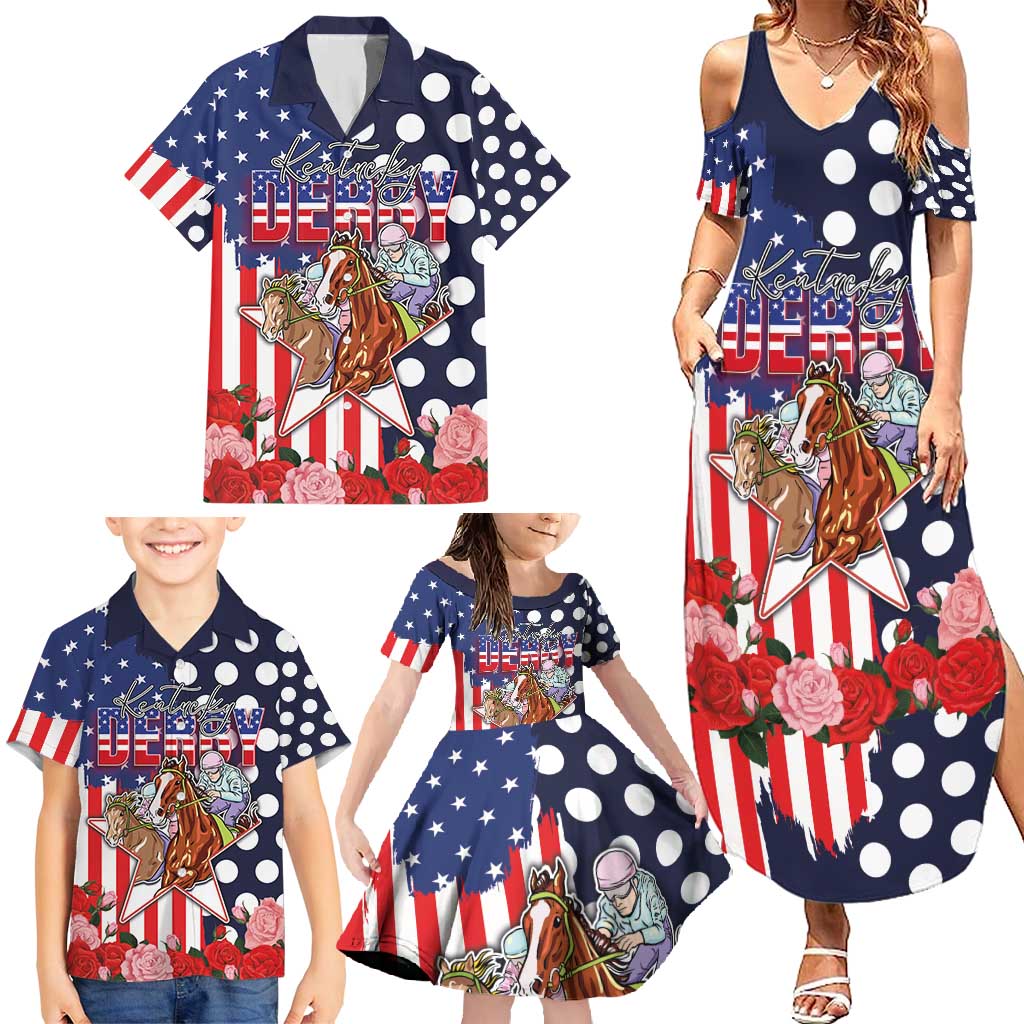 Kentucky Horses Racing Family Matching Summer Maxi Dress and Hawaiian Shirt US Flag Grunge and Dot Pattern Blue Color