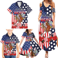 Kentucky Horses Racing Family Matching Summer Maxi Dress and Hawaiian Shirt US Flag Grunge and Dot Pattern Blue Color