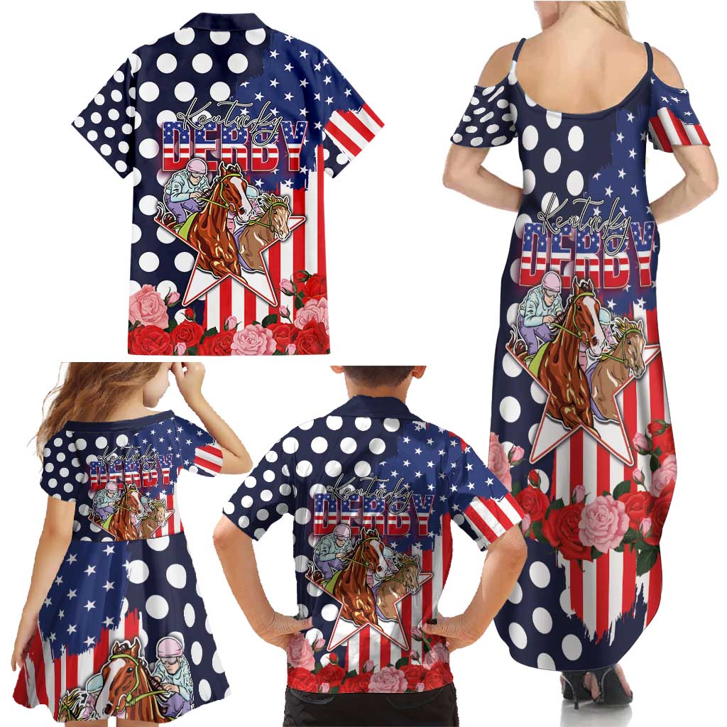 Kentucky Horses Racing Family Matching Summer Maxi Dress and Hawaiian Shirt US Flag Grunge and Dot Pattern Blue Color