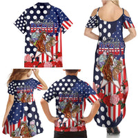 Kentucky Horses Racing Family Matching Summer Maxi Dress and Hawaiian Shirt US Flag Grunge and Dot Pattern Blue Color