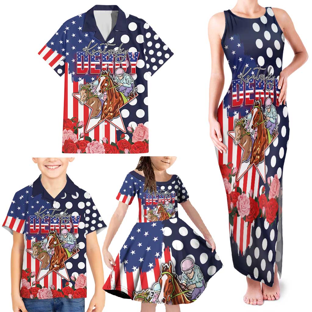 Kentucky Horses Racing Family Matching Tank Maxi Dress and Hawaiian Shirt US Flag Grunge and Dot Pattern Blue Color