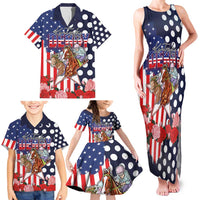 Kentucky Horses Racing Family Matching Tank Maxi Dress and Hawaiian Shirt US Flag Grunge and Dot Pattern Blue Color