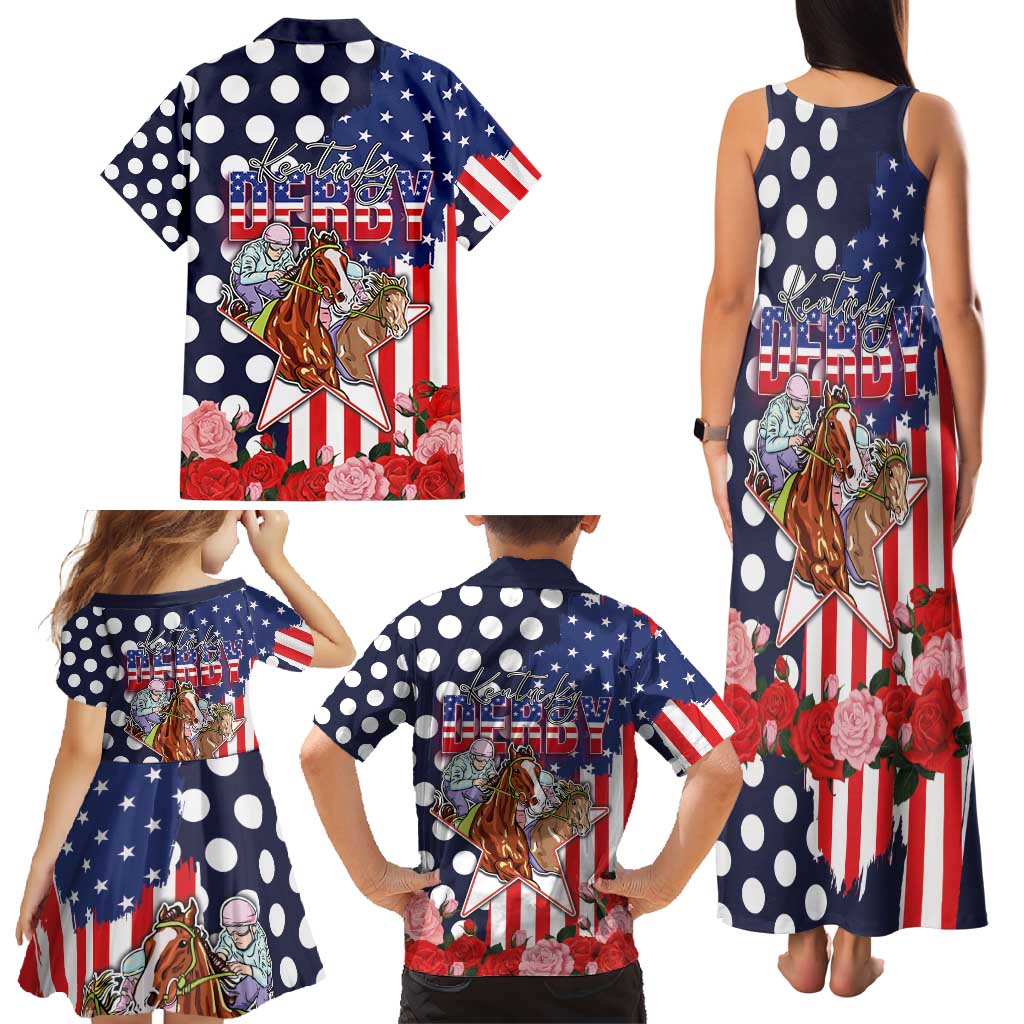 Kentucky Horses Racing Family Matching Tank Maxi Dress and Hawaiian Shirt US Flag Grunge and Dot Pattern Blue Color