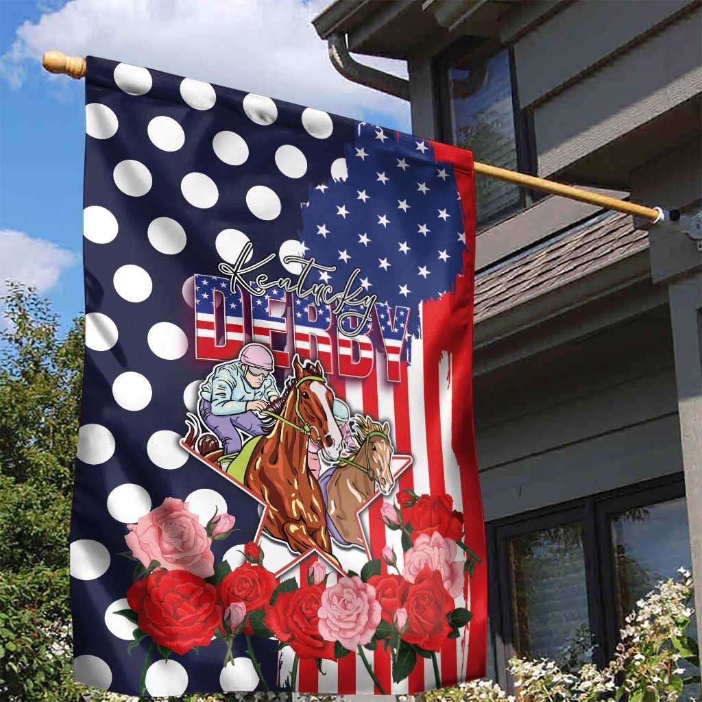 Kentucky Horses Racing Garden Flag US Flag Grunge and Dot Pattern Blue Color