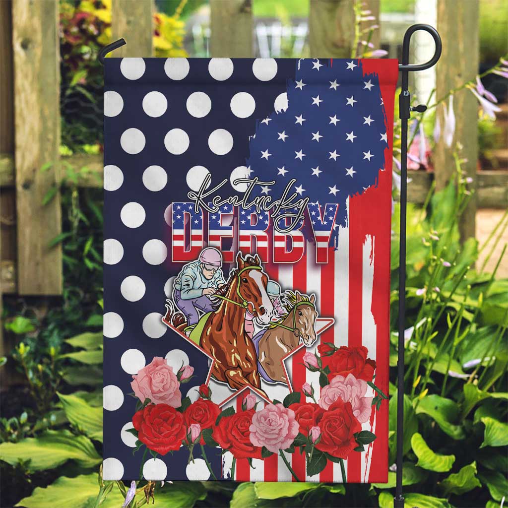 Kentucky Horses Racing Garden Flag US Flag Grunge and Dot Pattern Blue Color