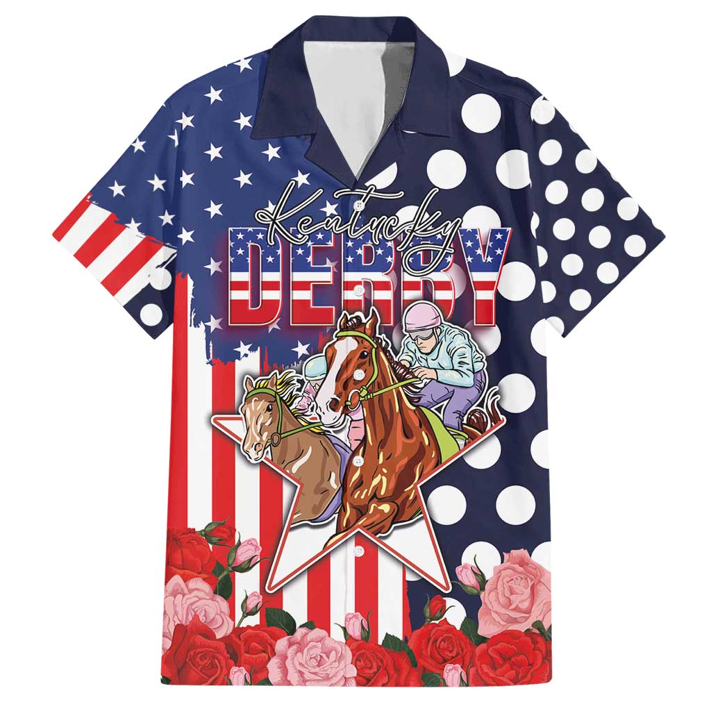 Kentucky Horses Racing Hawaiian Shirt US Flag Grunge and Dot Pattern Blue Color