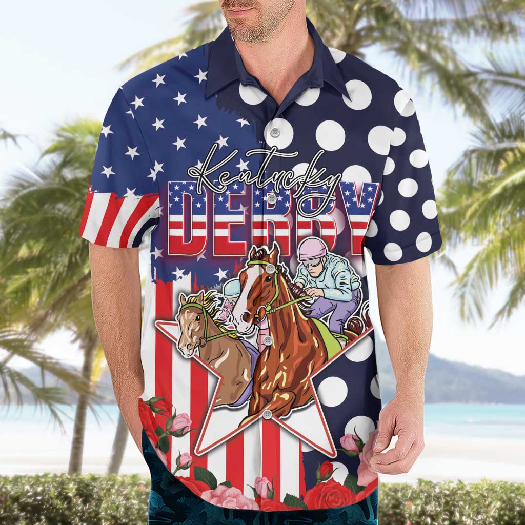 Kentucky Horses Racing Hawaiian Shirt US Flag Grunge and Dot Pattern Blue Color