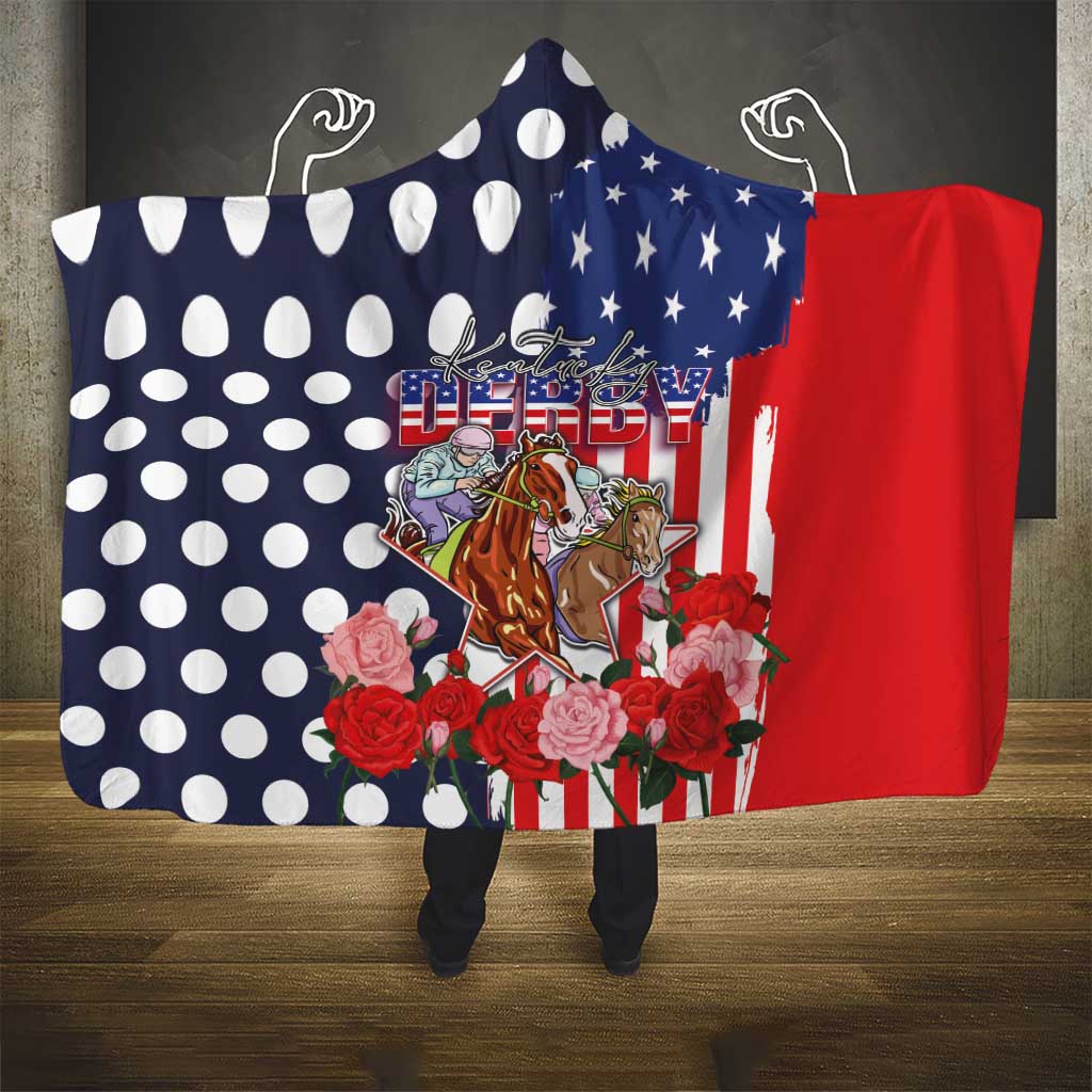 Kentucky Horses Racing Hooded Blanket US Flag Grunge and Dot Pattern Blue Color